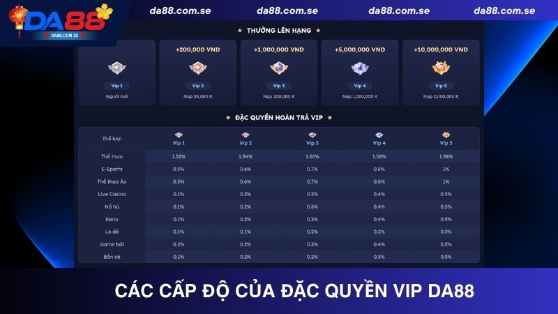 Những cấp độ khuyến mãi đặc quyền Vip tại Da88